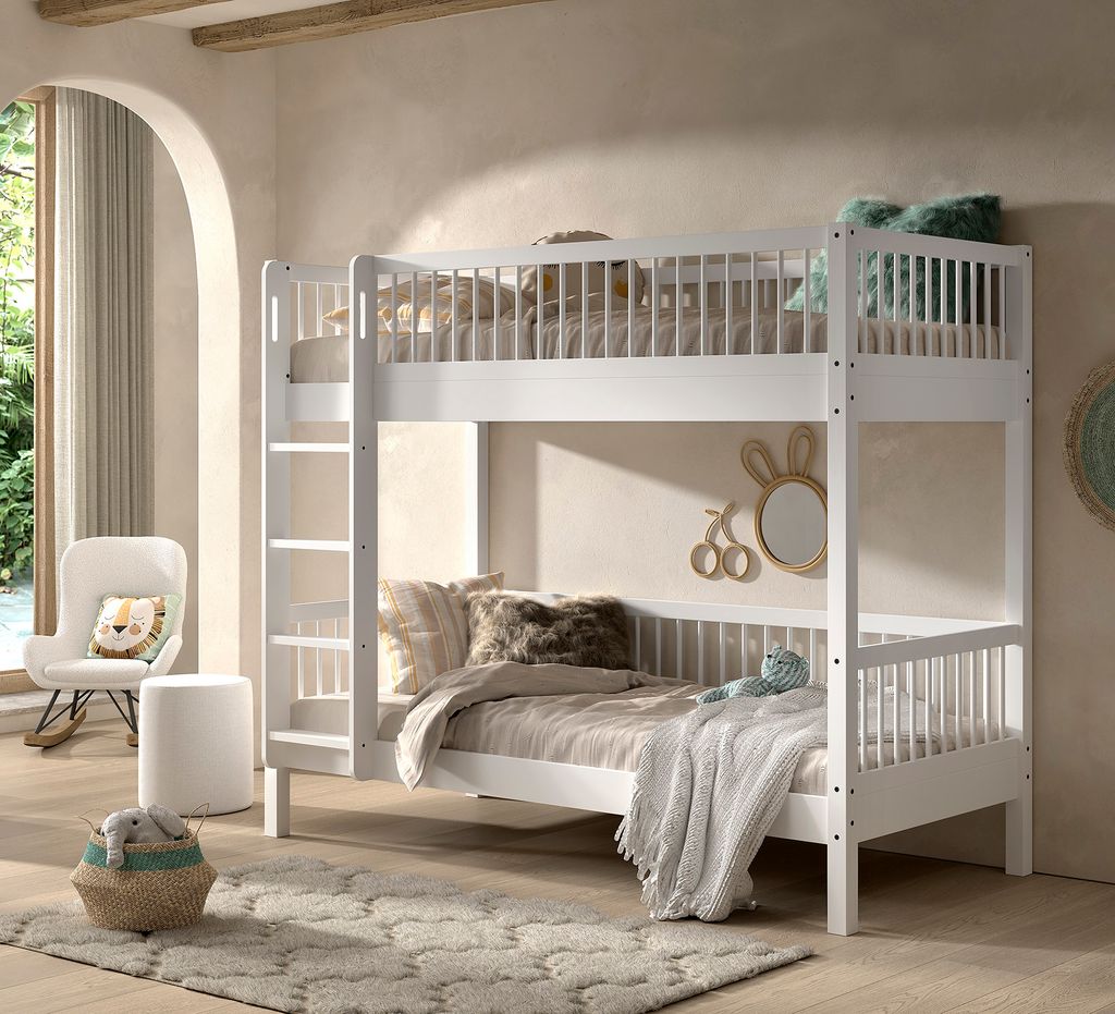 VIPACK - Etagenbett mit 2 Liegeflächen 90 x 200 cm, Bettpfosten geteilt, inkl. Lattenrost, Ausf. Buche massiv weiß lackiert