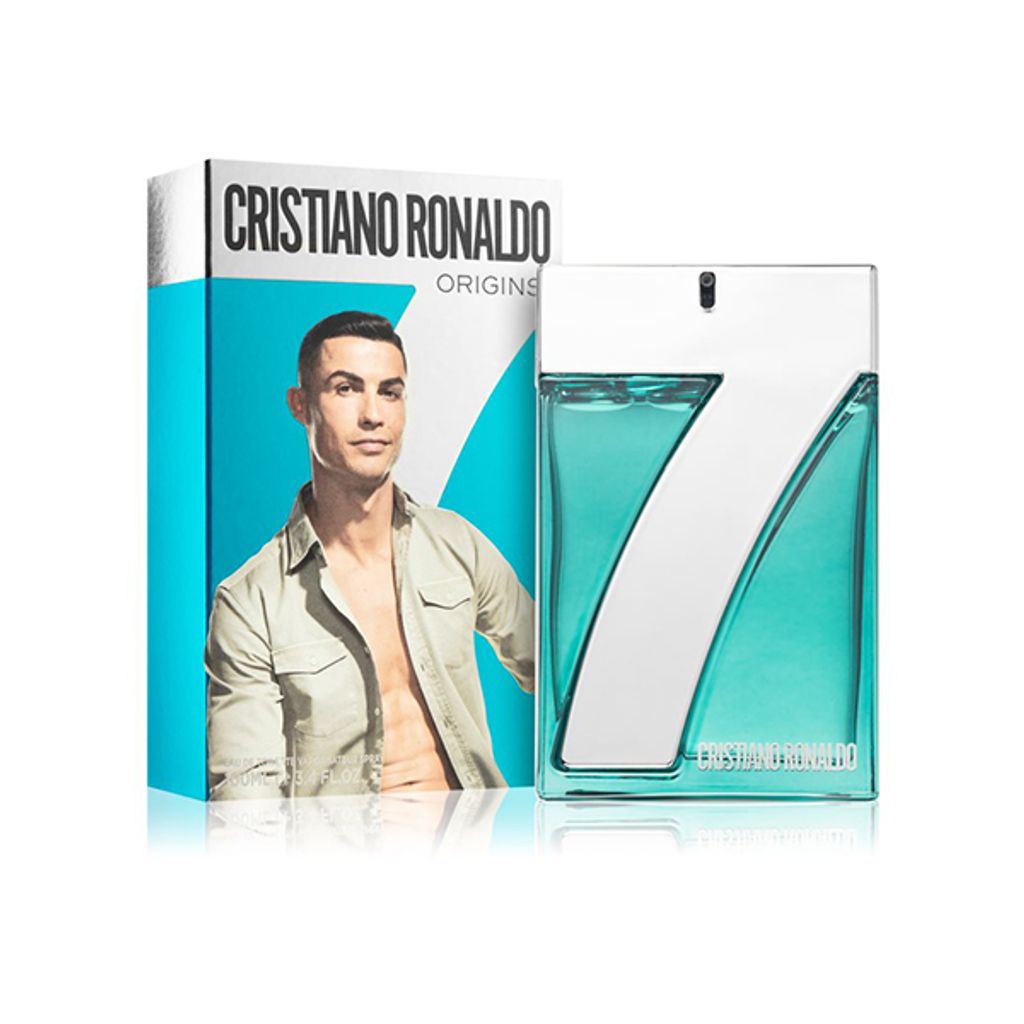 A box and bottle of Cristiano Ronaldo CR7 Origins Eau de Toilette for men.