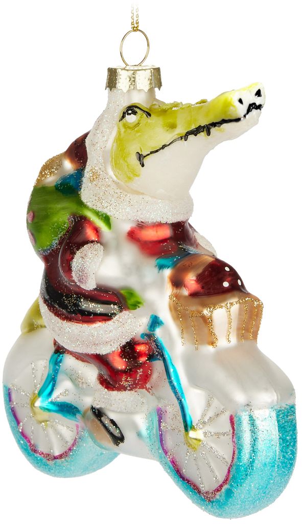 BRUBAKER Krokodil Weihnachtsmann auf Fahrrad - Handbemalte Weihnachtskugel aus Glas - 13 cm Baumkugel - Lustige Weihnachtsdekoration Anhänger