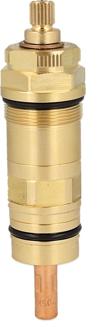 A close-up studio shot of a brass plumbing cartridge.
