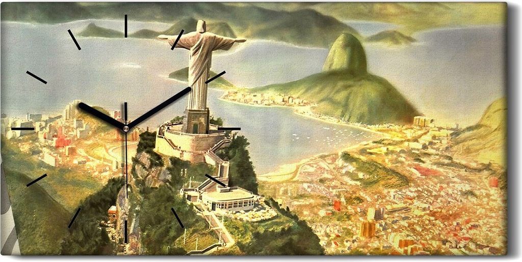 Wanduhr Uhr Wandbild Leinwand Quarz 60x30 Brasilien Rio Reiseposter Vintage - schwarze Hände