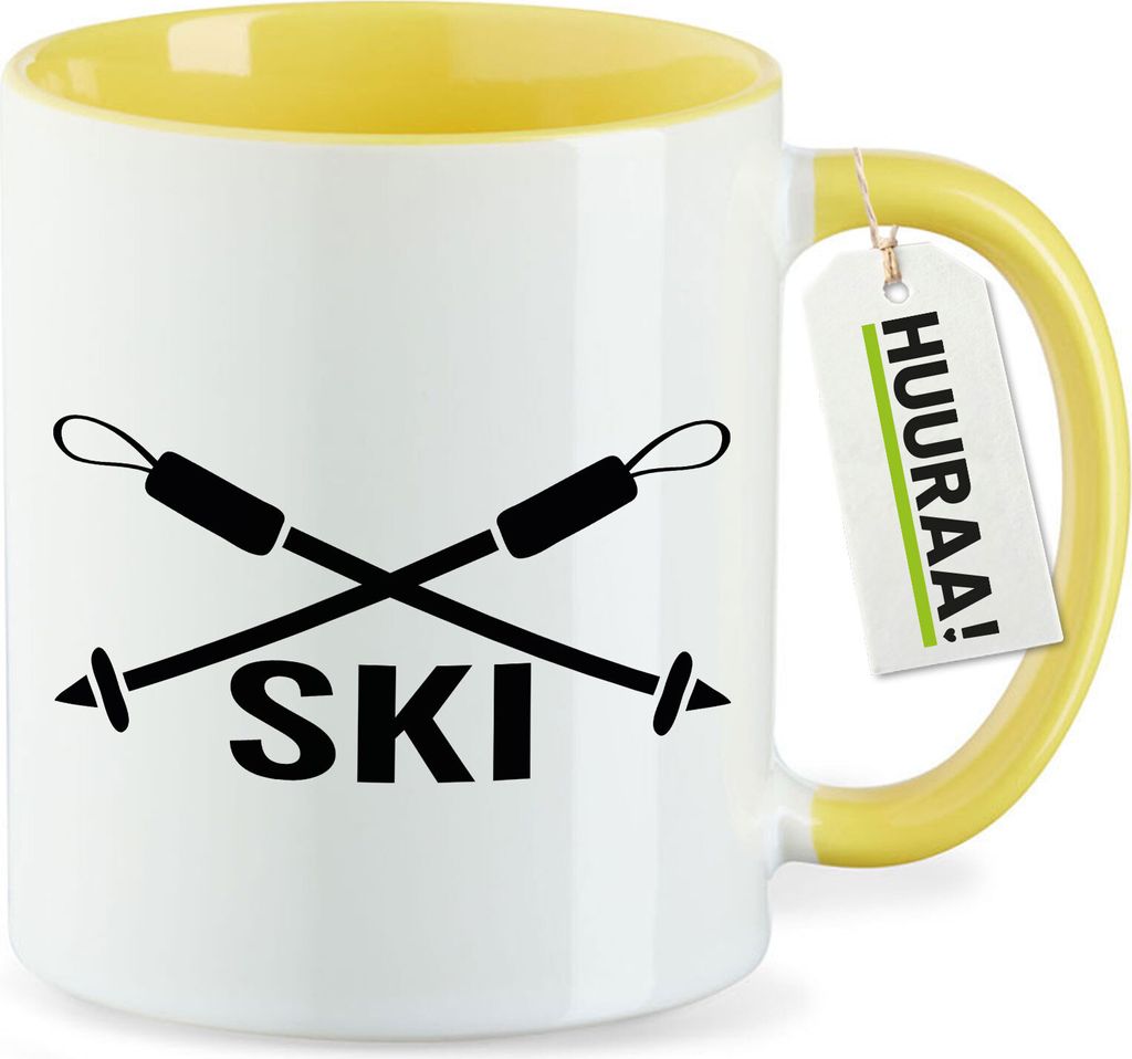 Huuraa Kaffeetasse Ski Schriftzug 330ml Gelb Keramik Kaffeebecher Geschenkidee