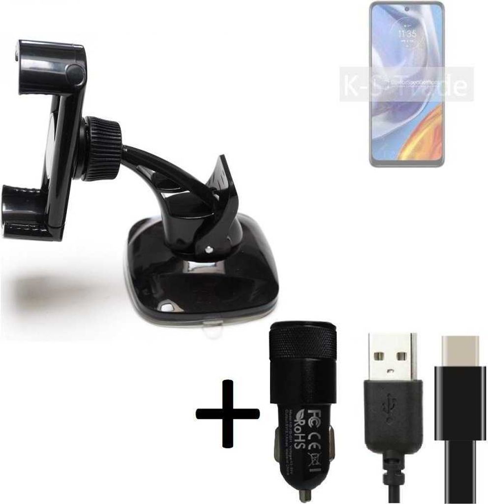 K-S-Trade Handy-Halterung kompatibel mit Motorola Moto E32s Windschutzscheibe / Armaturenbrett + LADEGERÄT mit Mico USB Kabel Autohalterung