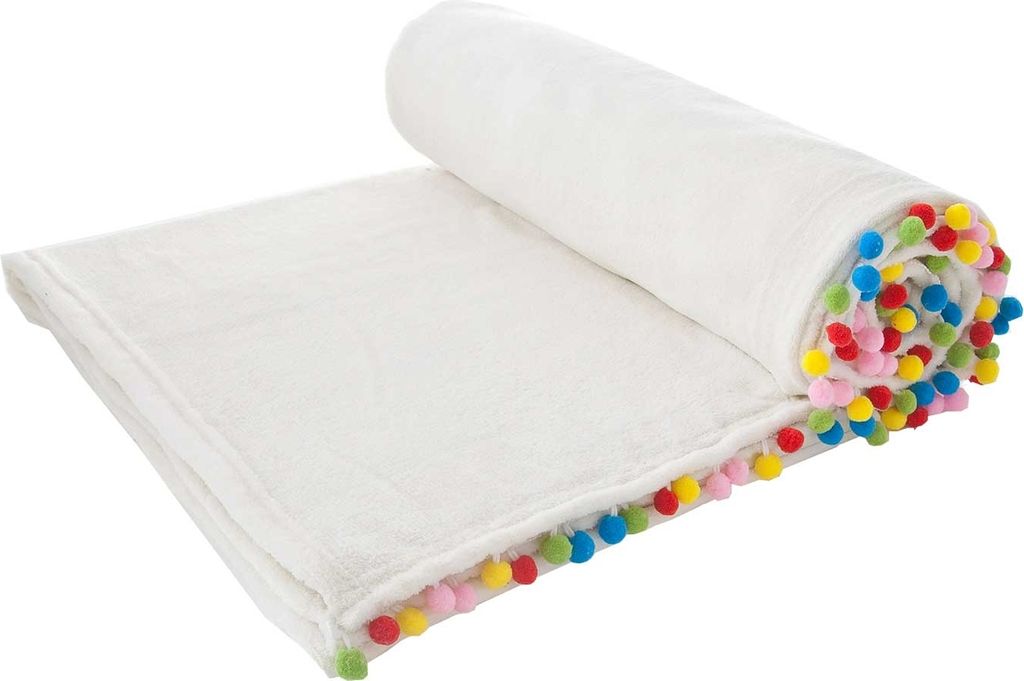 Decke - Beige - 150 x 200 cm - bunte Pompoms