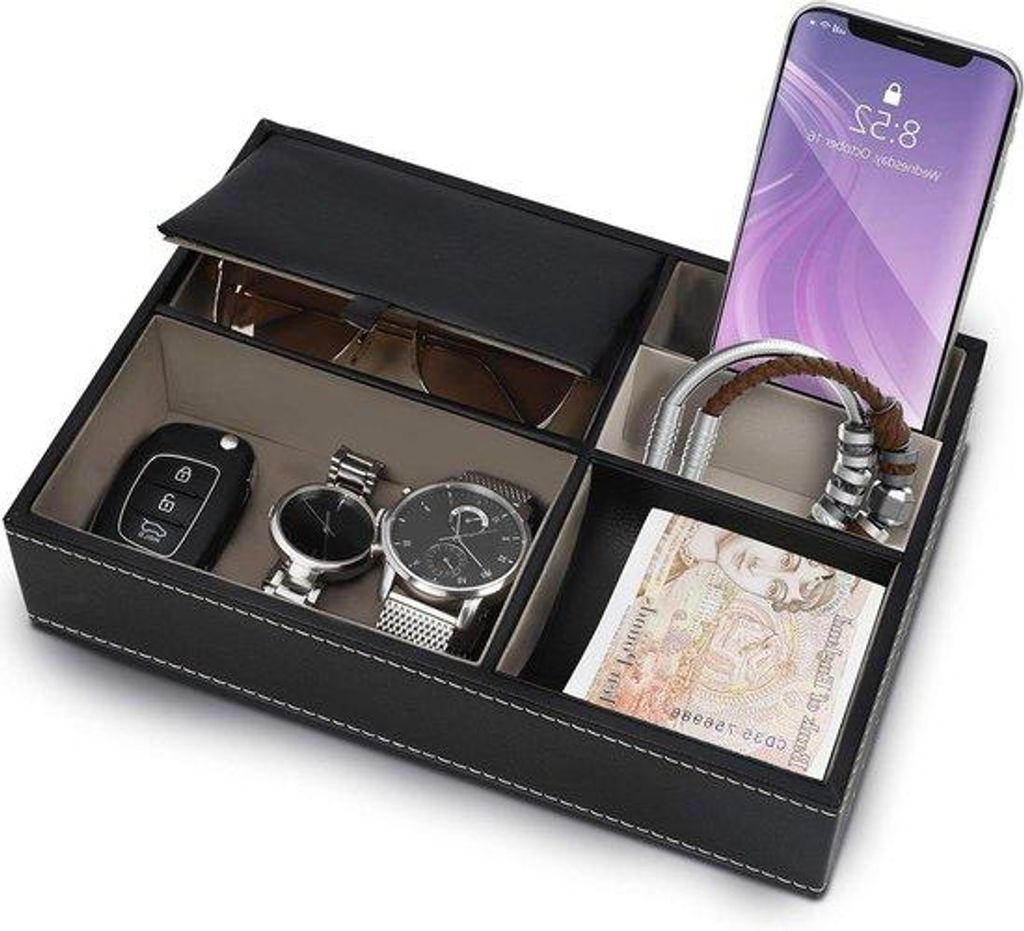 Ledertasche 5-Kompartiment-Organisator für Nachttisch – Schreibtisch-Unterhaltungskasten für Messe, Schlüssel, Schmuck, Accessoires, Geld, Arm...