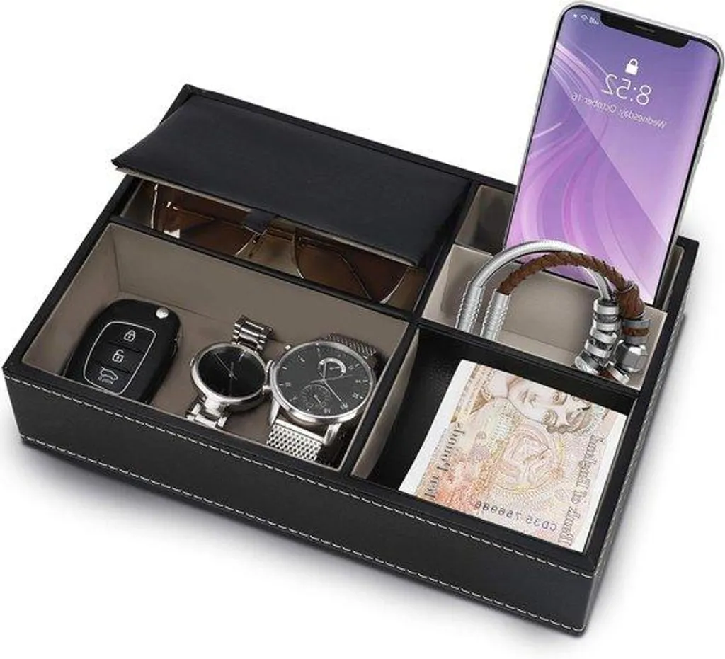 Rangement de nuit pour clés et bijoux - Pochette cuir 5 compartiments