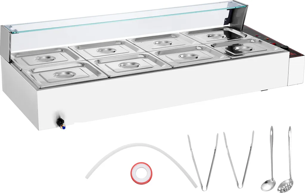 Bain Marie 1700W Acier Inoxydable 30-80 °C avec 8 Bacs Gastronomes