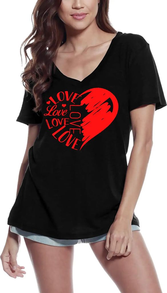 Damen Grafik T-Shirt V-Ausschnitt Liebe mit Herz - Valentinstag – Heart Love - Valentine's Day – Öko-Verantwortlich Vintage Jahrgang Kurzarm L...