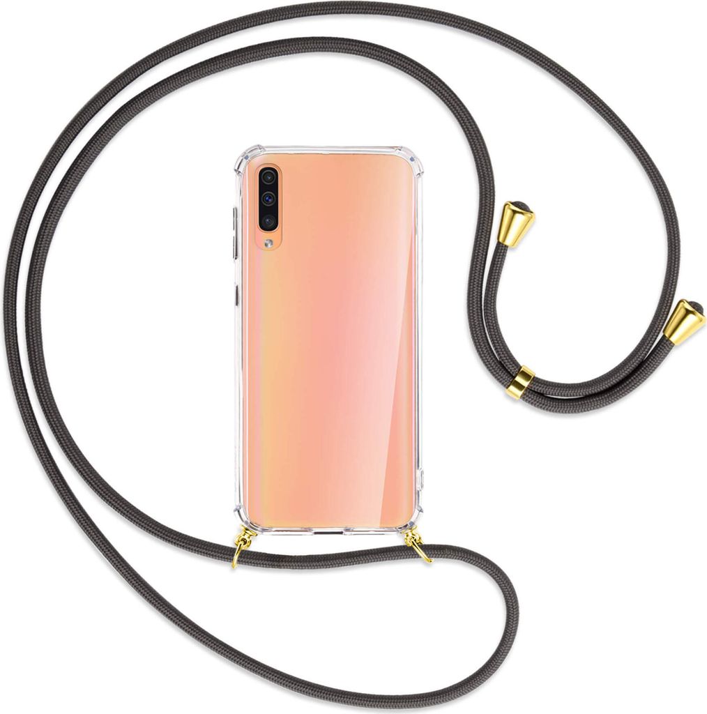Handykette Backcover-Schutzhülle mit Band (Metall goldfarben) für Samsung Galaxy A50 - dunkelgrau