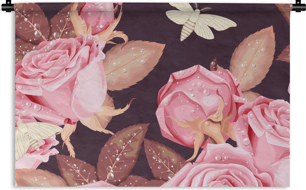 MuchoWow Wandteppich Wandbehang Rosen - Schmetterlinge - Rosa - Weiß 60x40 cm Tapisserie Dekoration Wandtuch - Wanddekorationen