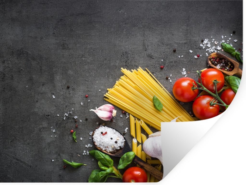 MuchoWow Wandtattoo Wandsticker Wandaufkleber Nudeln - Kräuter - Tomate - Gewürze - Rustikal 120x90 cm Selbstklebend und Repositionierbar - Auf...