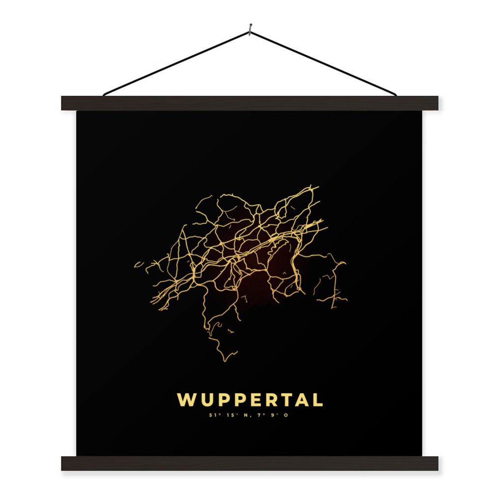 MuchoWow Textilposter Wuppertal - Gold - Karte - Stadtplan 40x40 cm mit schwarzem Rahmen - Fotos
