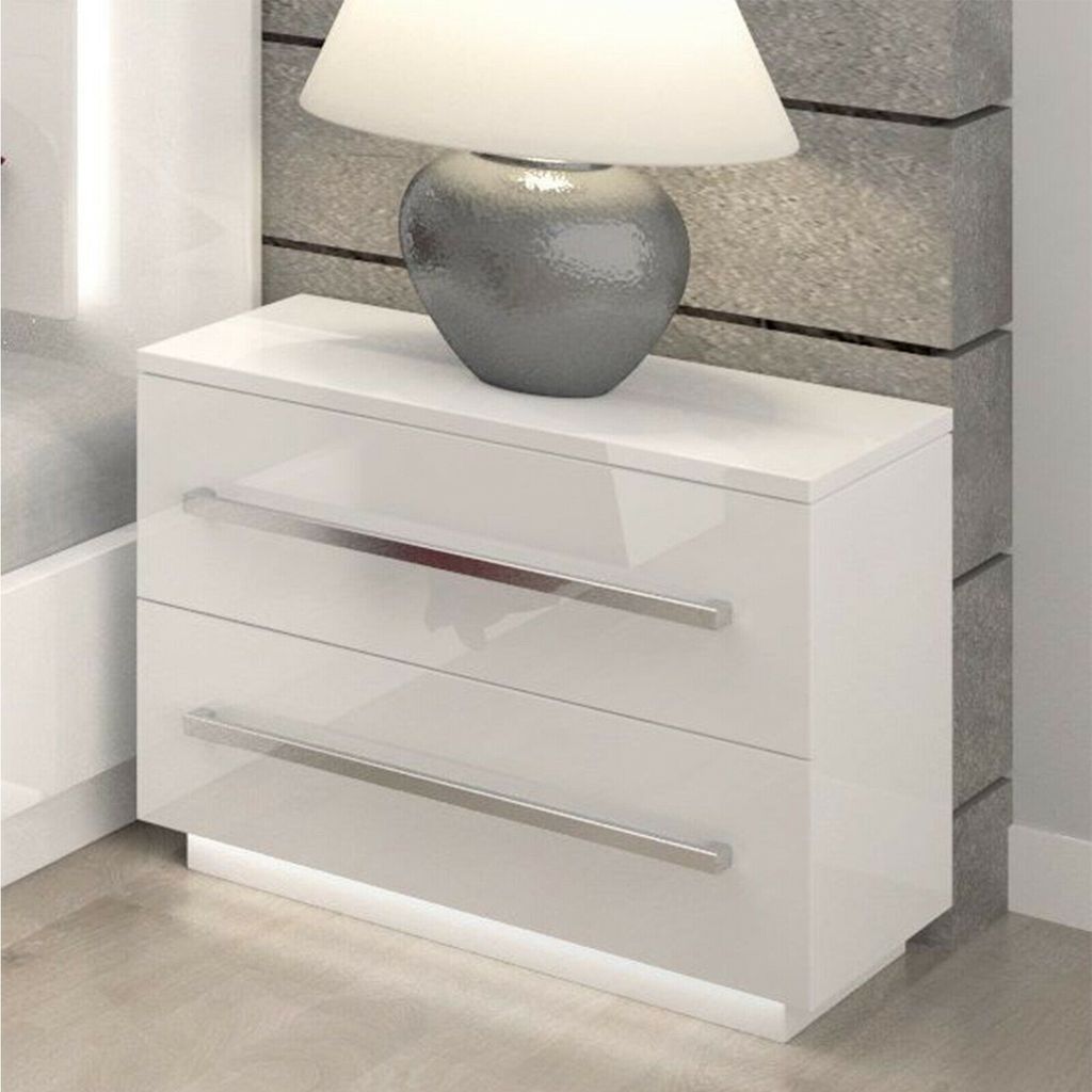 Nachttisch LED KOMMODE Hochglanz Nachtschrank Weiß Beleuchtung weiß