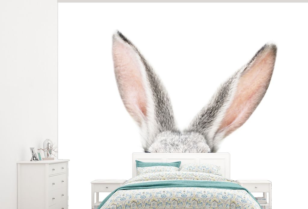 MuchoWow Fototapete für Wohnzimmer oder Schlafzimmer Wandtapete Vinyl Motivtapete Kaninchen - Tiere - Natur - Weiß - 300x240 cm - Fototapeten