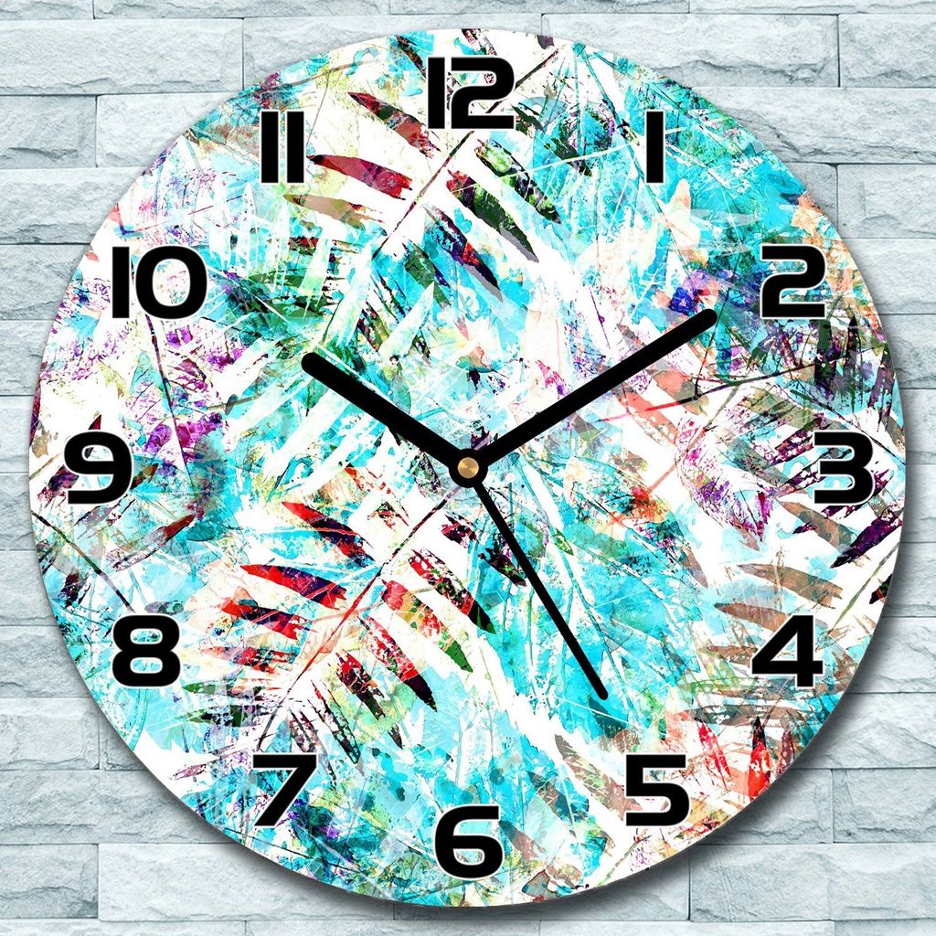 Wanduhr aus Glas Rund fi 30 Blätter Aquarell Quarz Deko Schlafzimmer Büro