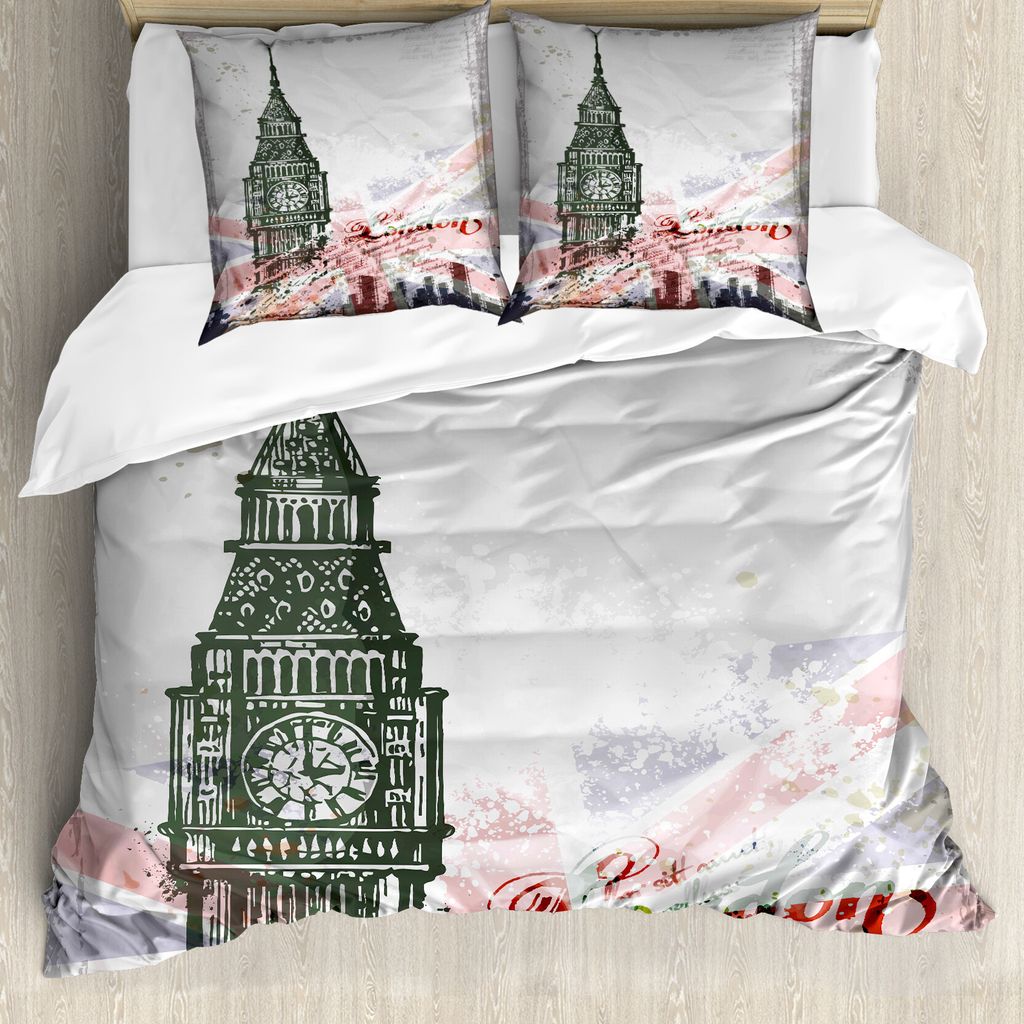 ABAKUHAUS London Bettbezug, Vintage Big Ben London, Milbensicher Allergiker geeignet mit Kissenbezügen, 155 cm x 220 cm - 80 x 80 cm, Grau