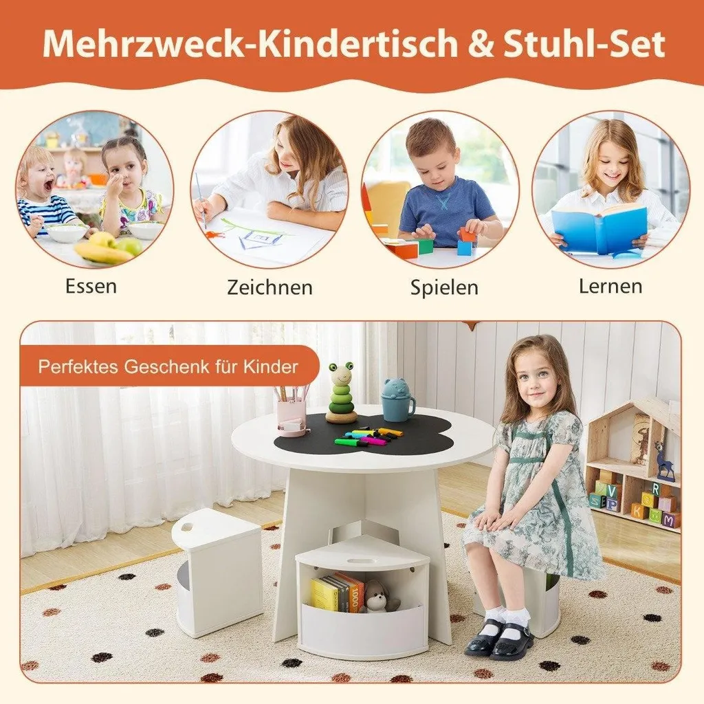 Set tavolo e sedie per bambini, rotondo, 5 pezzi, seduta in legno per bambini con 4 sgabelli contenitore, bianco