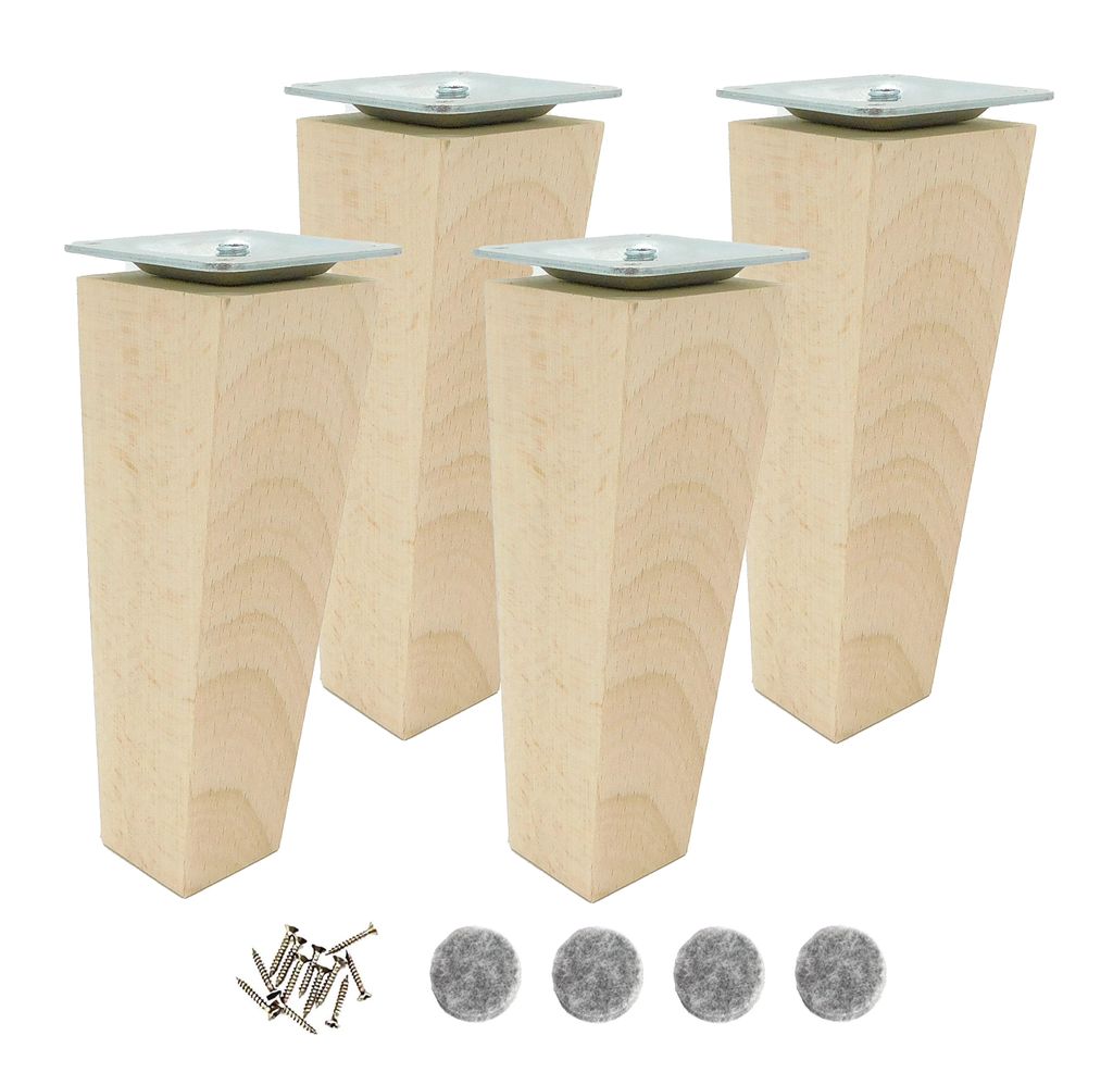 Möbelfuß Buche 15 cm – Set 4x Holzbein trapezförmig roh mit Montageset