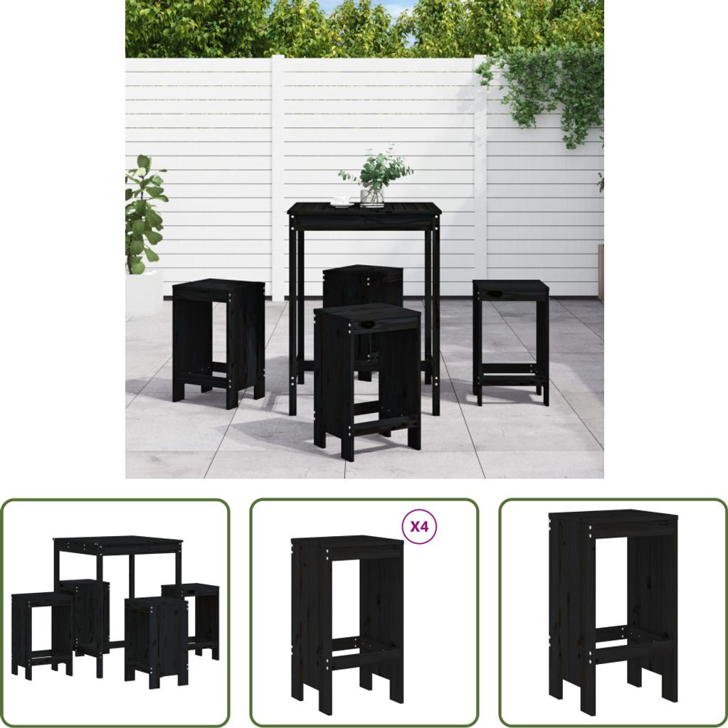The Living Store 5-tlg. Gartenbar-Set Schwarz Massivholz Kiefer