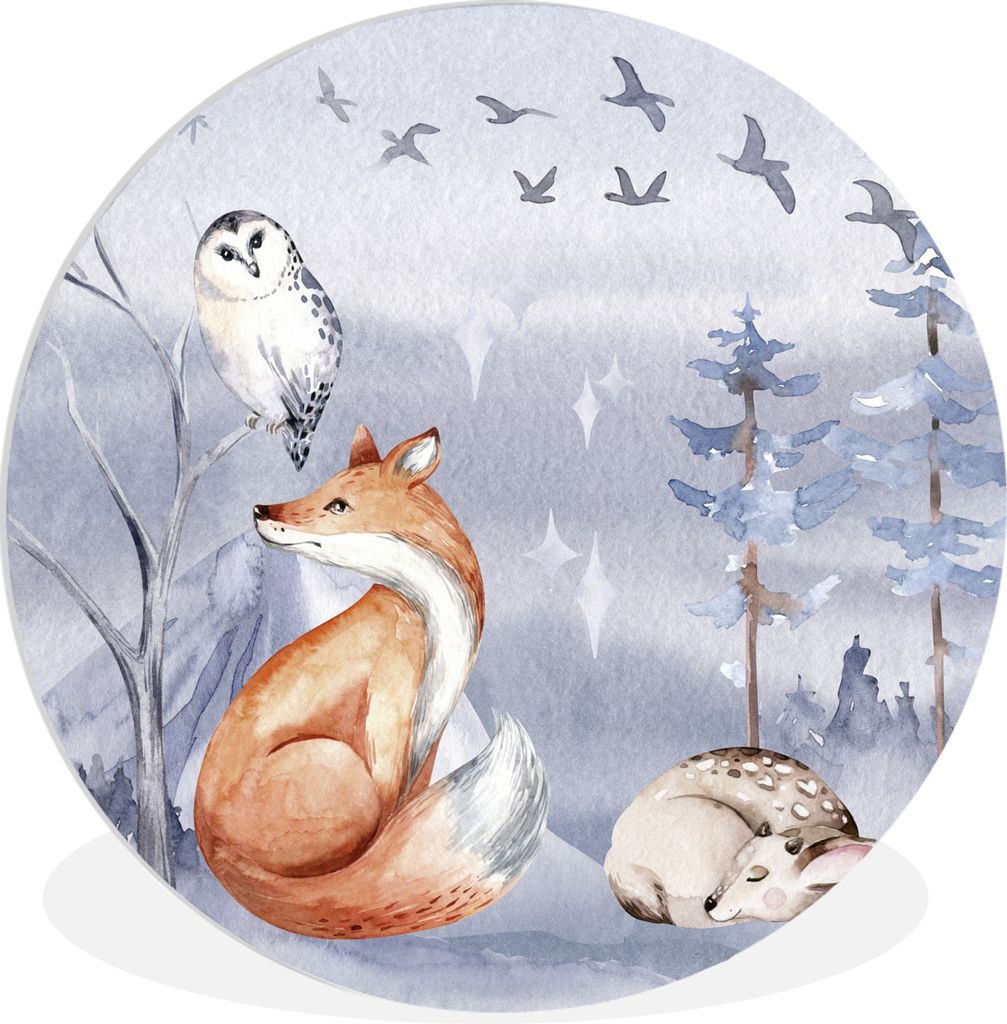 MuchoWow Rundes Wandbild - Runde Bilder Fuchs - Winter - Gemälde Ø 90 cm Kreis Wanddekoration Kunststoff - Wandkreis - Wandschmuck - Wand-Kreis...
