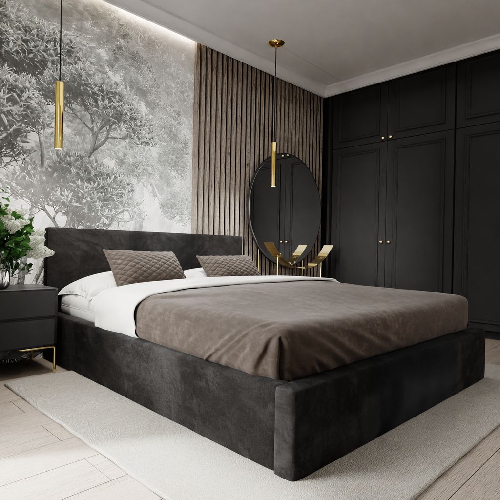 Muralo POLSTERBETT für Schlafzimmer Polsterbett mit Bettkasten Bett mit Polsterkopfteil Doppelbett 180x200 Bett mit Stauraum Schwarz