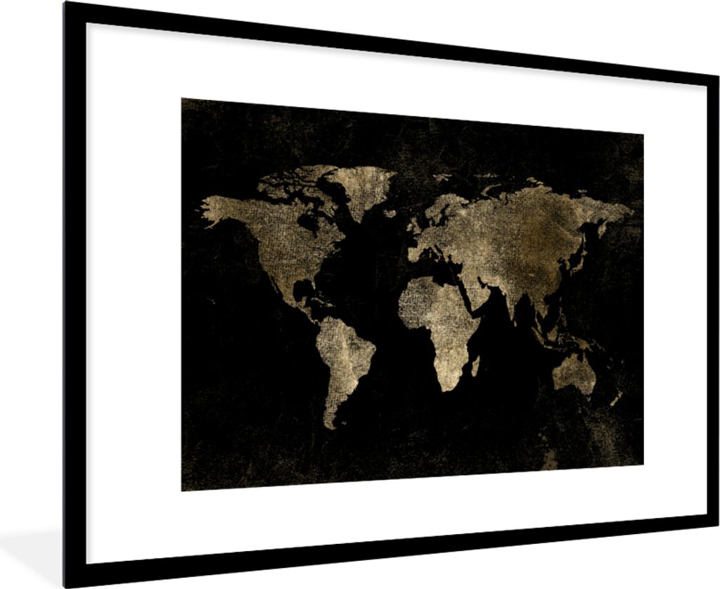 MuchoWow MuchoWow Gerahmtes Poster Weltkarte - Schwarz - Gold 90x60 cm - Poster mit zchwarzem Bilderrahmen - Wanddekoration - Fotos