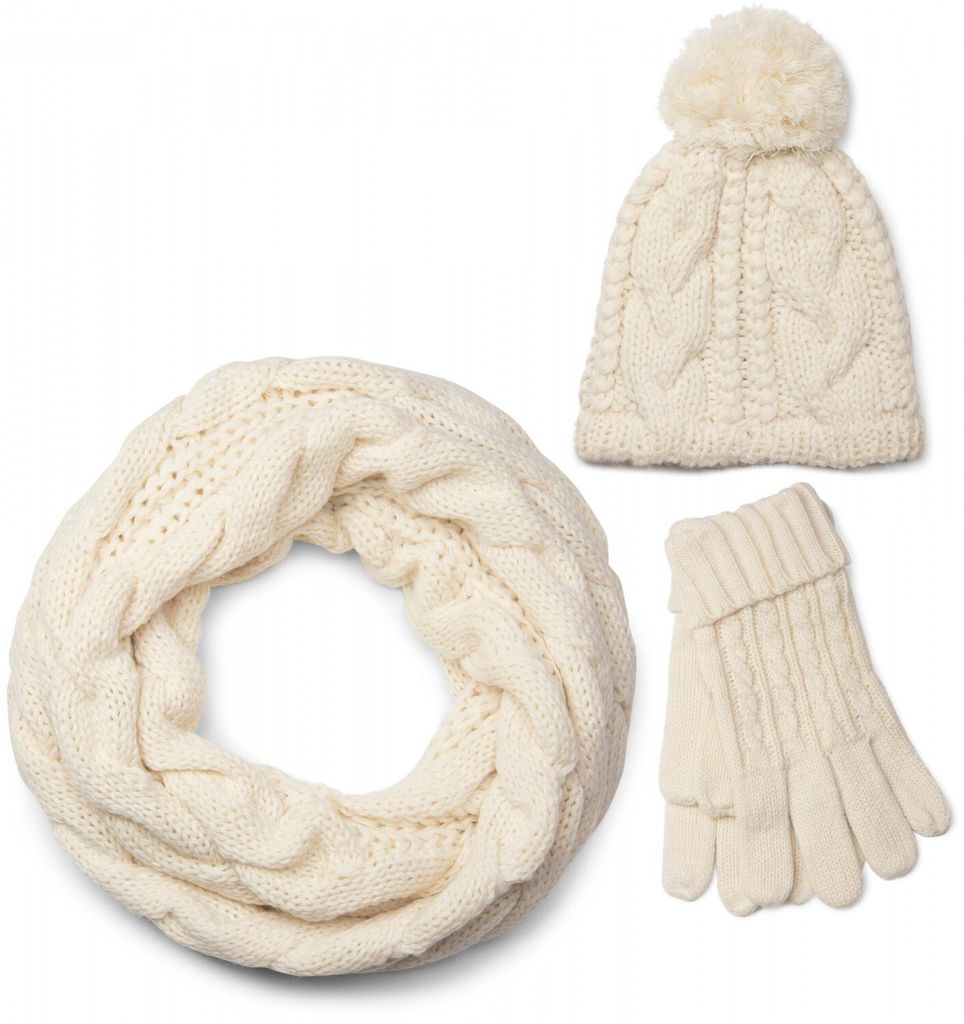 styleBREAKER Schal, Mütze und Handschuh Set, Zopfmuster Strickschal mit Bommelmütze und Handschuhe, Damen 01018208