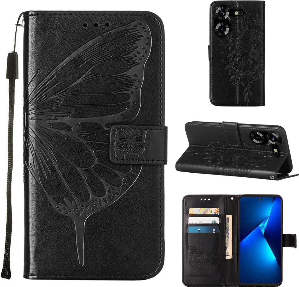 Cover Pelle Tecno Pova 5 LH7N Nera - Farfalla Embossed & Funzione Stand