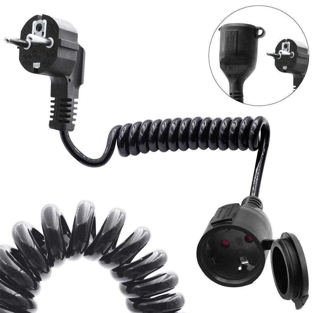 Einziehbares Spiralkabel Schuko, 90° AC Schuko Verlängerungskabel, kurzes Netzkabel Steckdosenverlängerung, schwarz 3x1,0 mm² 5A, 2 m