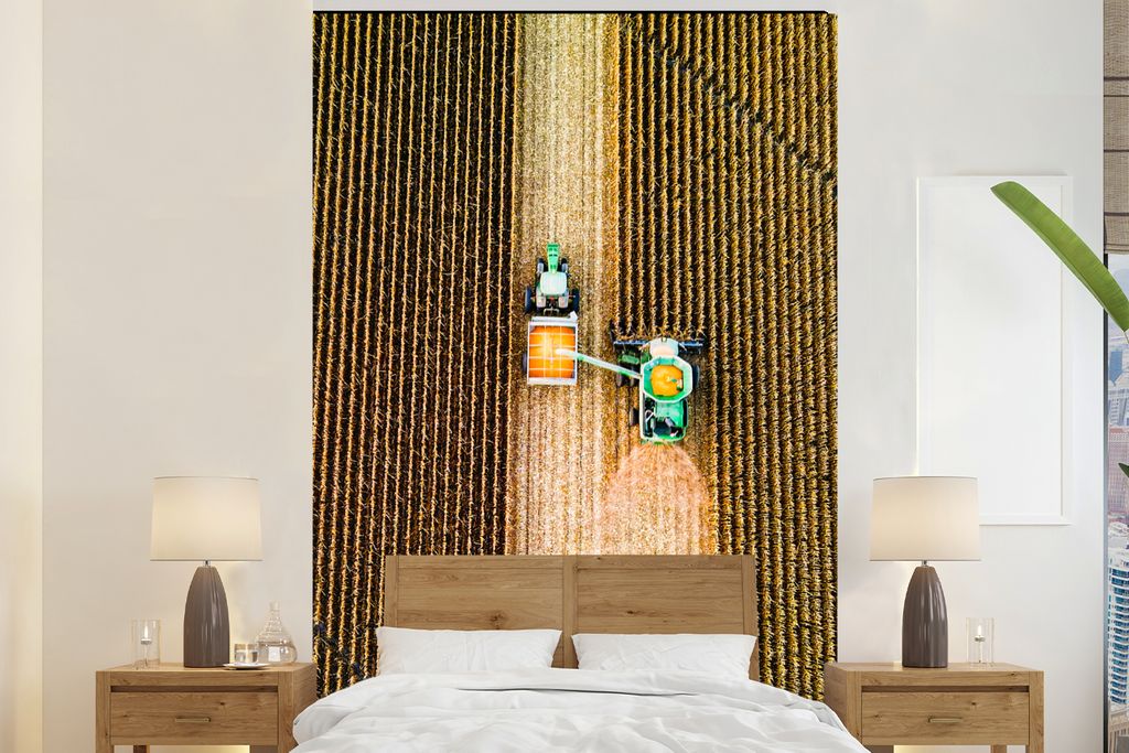 MuchoWow Fototapete für Wohnzimmer oder Schlafzimmer Wandtapete Vinyl Motivtapete Traktor - Feld - Land - Bauernhof - Ernte - 160x240 cm - Vinyl...
