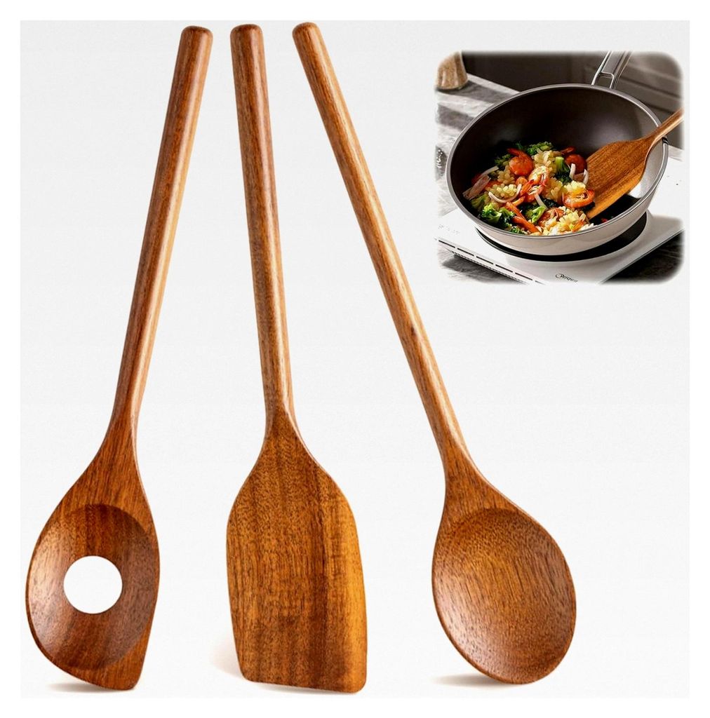 Set aus Holzkochlöffeln, Pfannenwender, Risottolöffel & Holzkochlöffel, langlebig & antibakteriell, Küchenhelfer Set