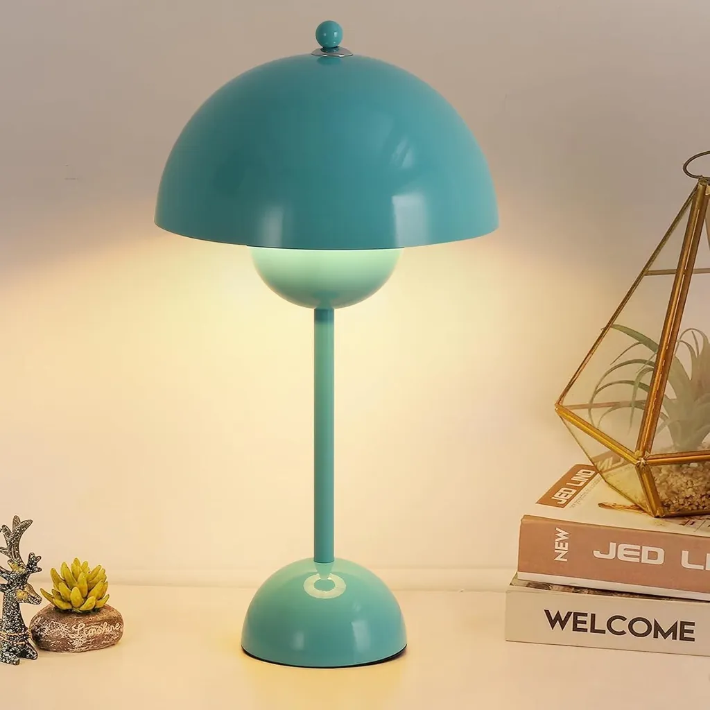 Lampe de table champignon bleu turquoise métal E27 - Design céleste 34cm - 4