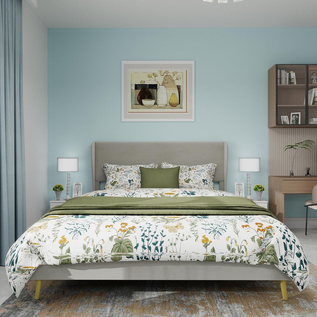 Sweiko Modern Minimalist Upholstered Bed with Plush Headboard, 140x200 cm, Beige, Multifunctional Bedroom Furniture, Low-Profile Non-Storage Base (...