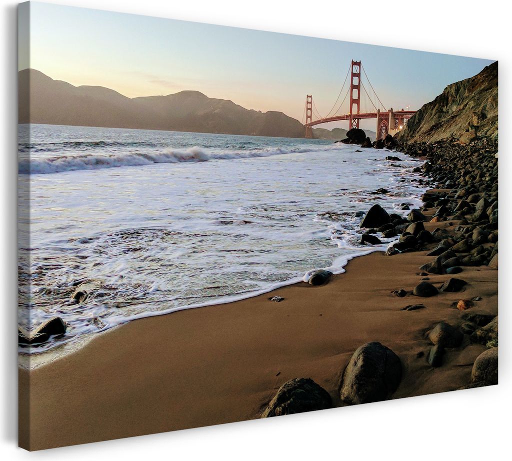 Leinwandbild (60x40cm): Sonnenuntergang am Sand-Strand hinter Golden Gate Bridge, echter Holz-Keilrahmen inkl. Aufhänger, handgefertigt in Deutsch...