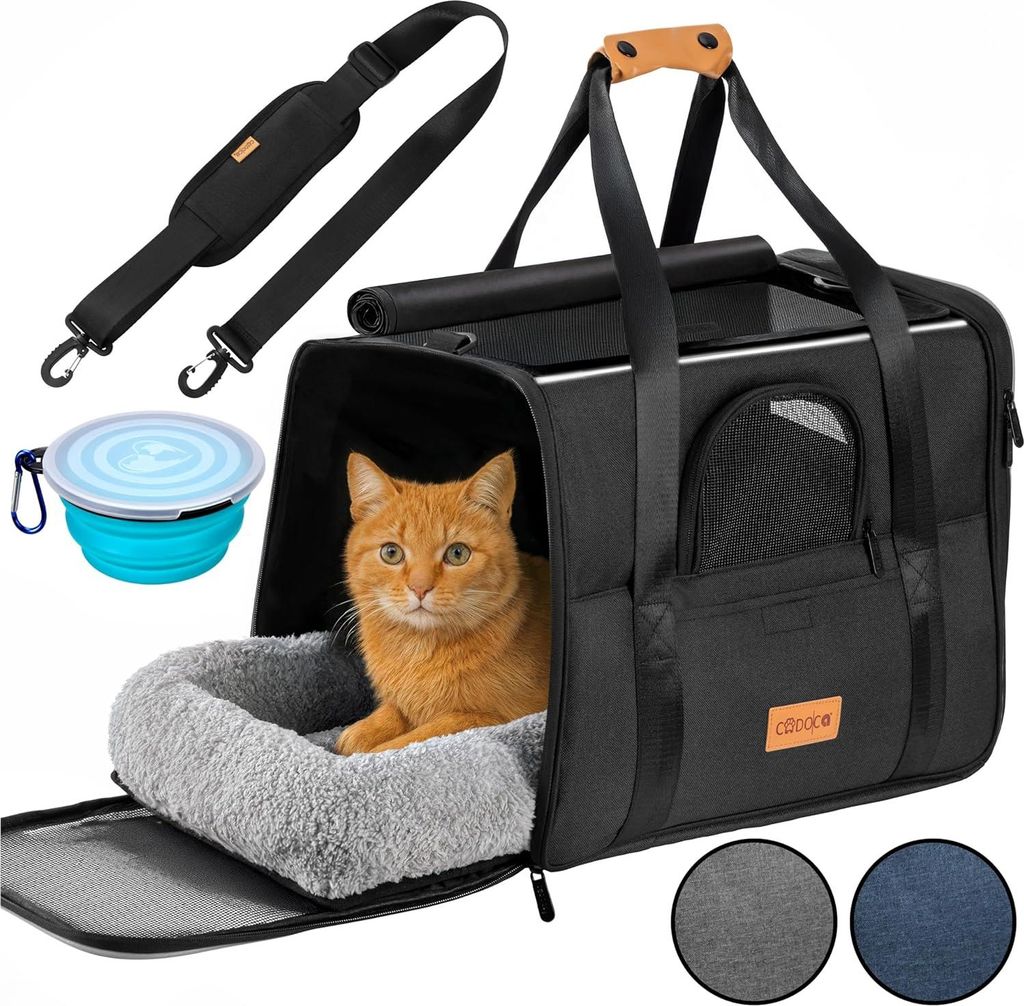 CADOCA Transportbox Katzen bis 20kg faltbar Sonnen- und Regendach Schultergurt mit Napf Atmungsaktiv Komfortabel Wendekissen Haustier Katzenbox T...