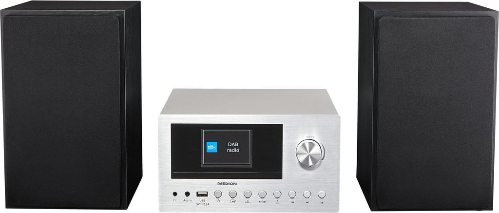 A silver micro audio system with two black speakers, presented on a white background.