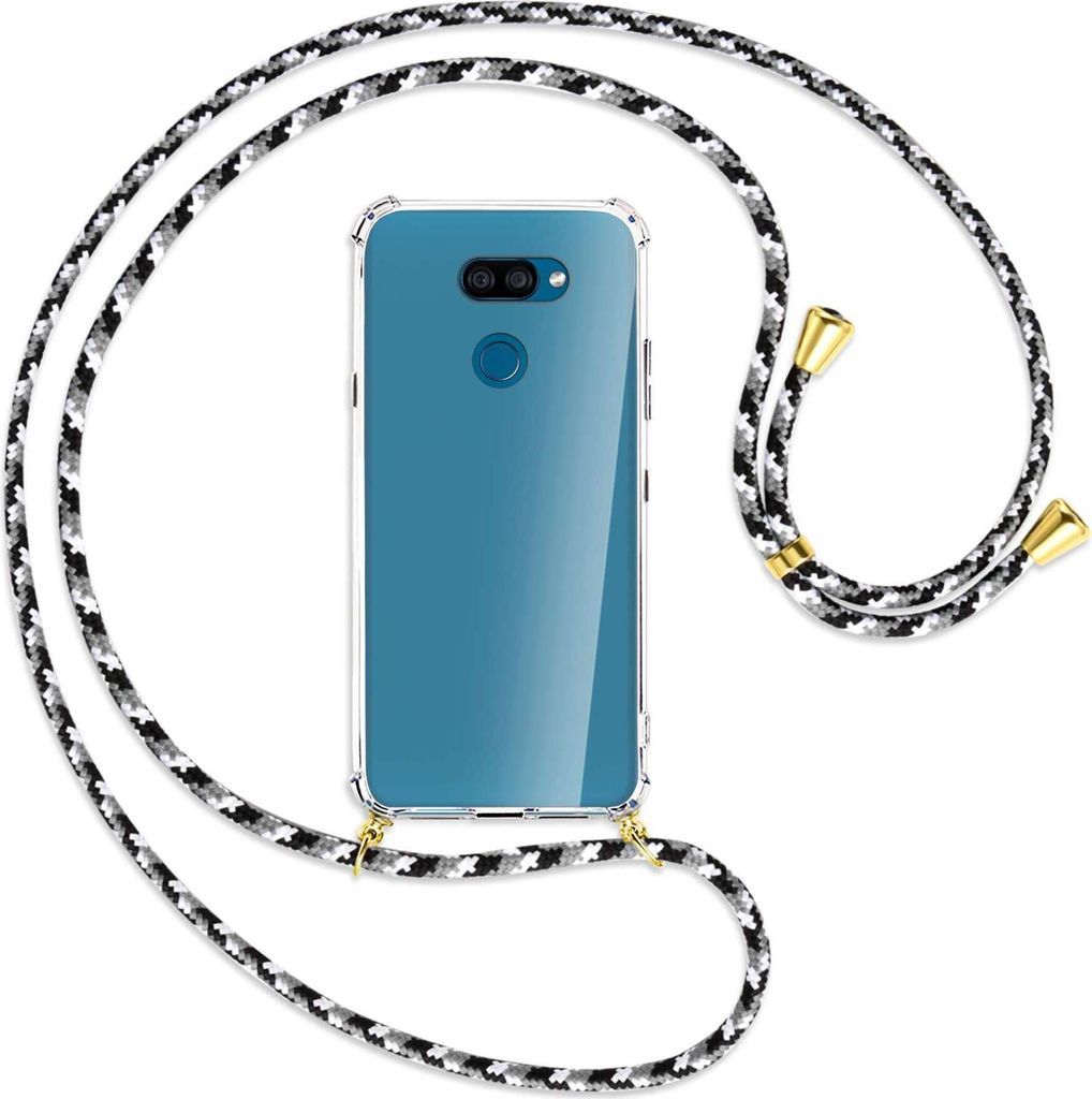 Handykette Backcover-Schutzhülle mit Band (Metall goldfarben) für LG K40S LMX430 - schwarz/grau/weiß