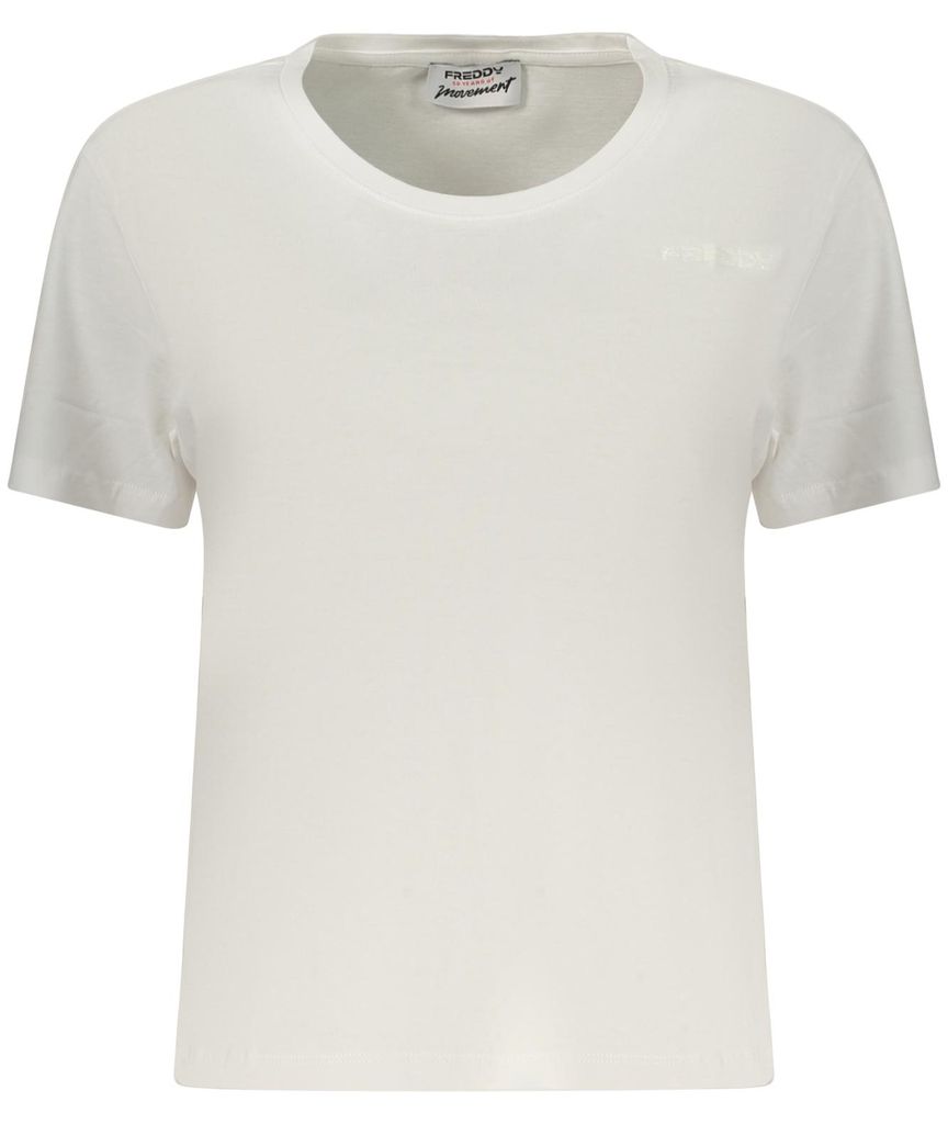 Damen Kurzarm T-Shirt Weiß mit Weitem Ausschnitt & Druck-Details