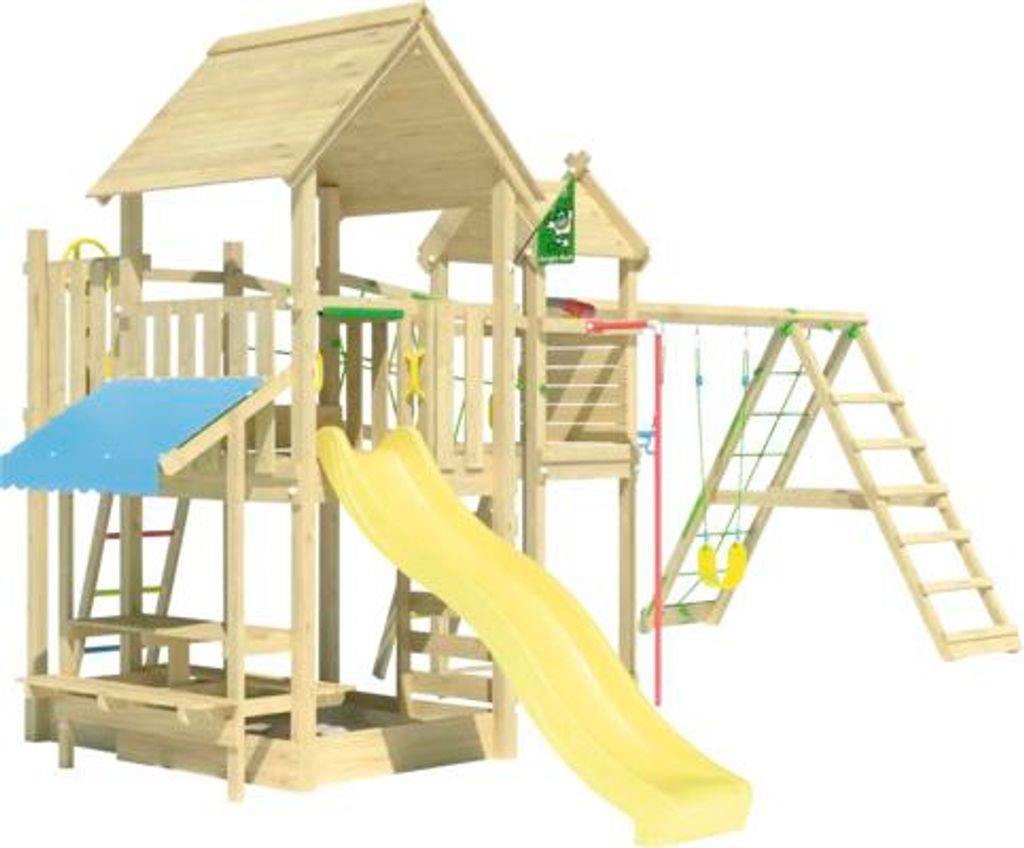 Doppelschaukel Spielhaus mit Stelzen Jungle Gym 652 x 464 cm Holz gelb