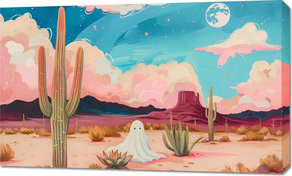 Déco murale cactus et fantôme 100x60 cm sur toile - Ambiance désertique