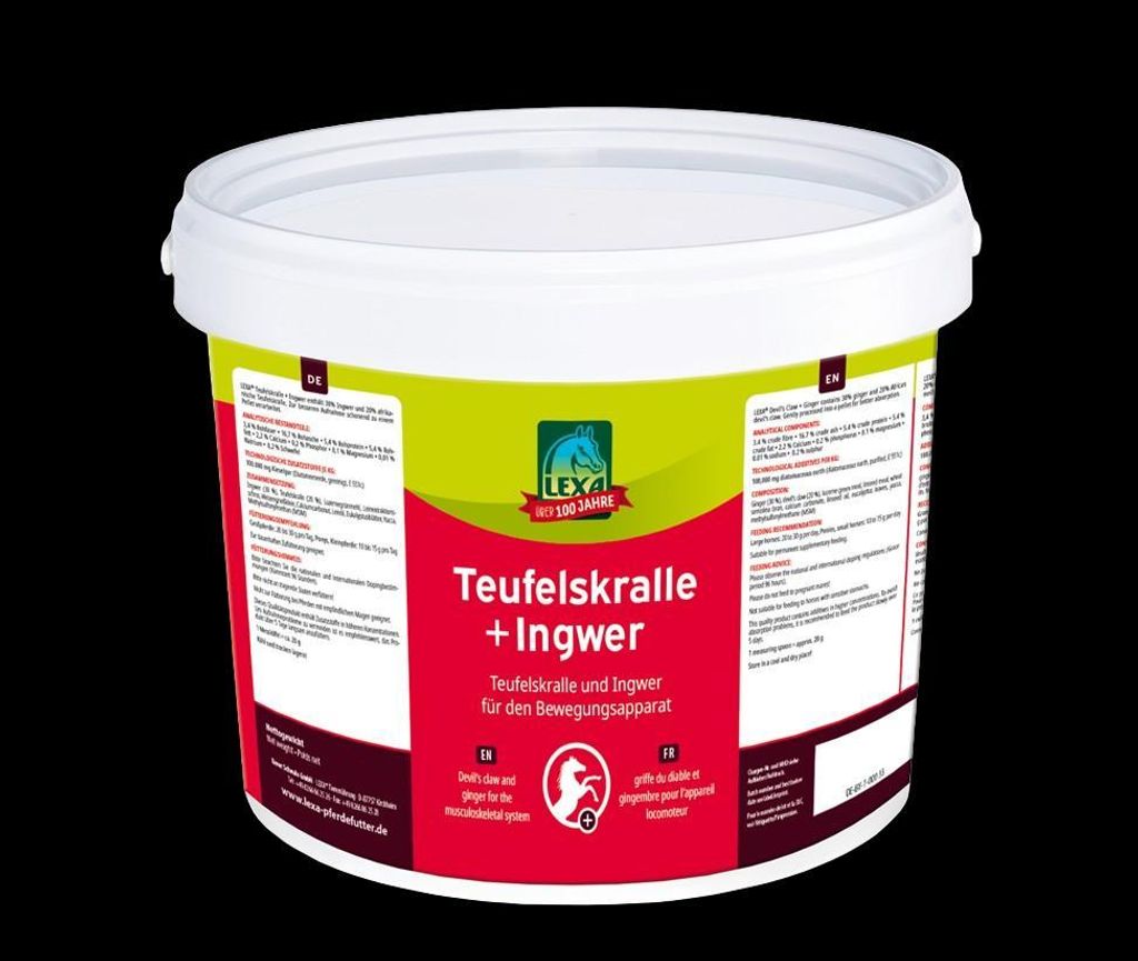 A white plastic tub with a red and green label, containing horse supplement, is shown against a black background.