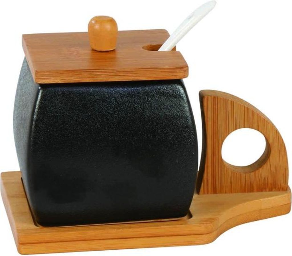 Zuckerdose, Keramik-Zuckerdose mit Löffel, auf Bambussockel Moderno Schwarz