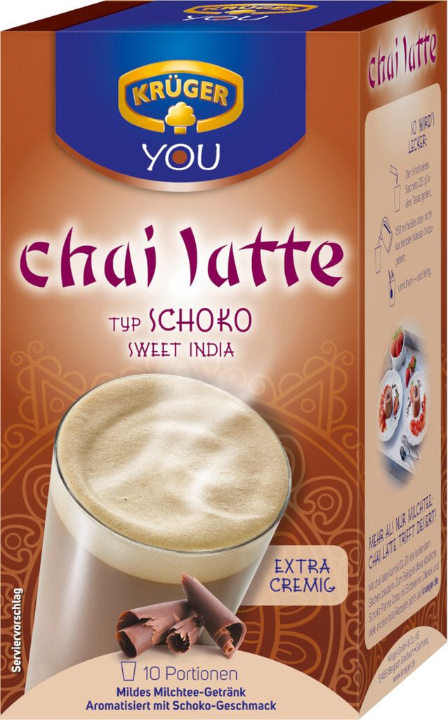 A product box for Krüger Chai Latte Typ Schoko Sweet India.