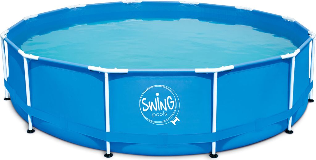 A round, blue above-ground swimming pool filled with water, supported by a white metal frame.