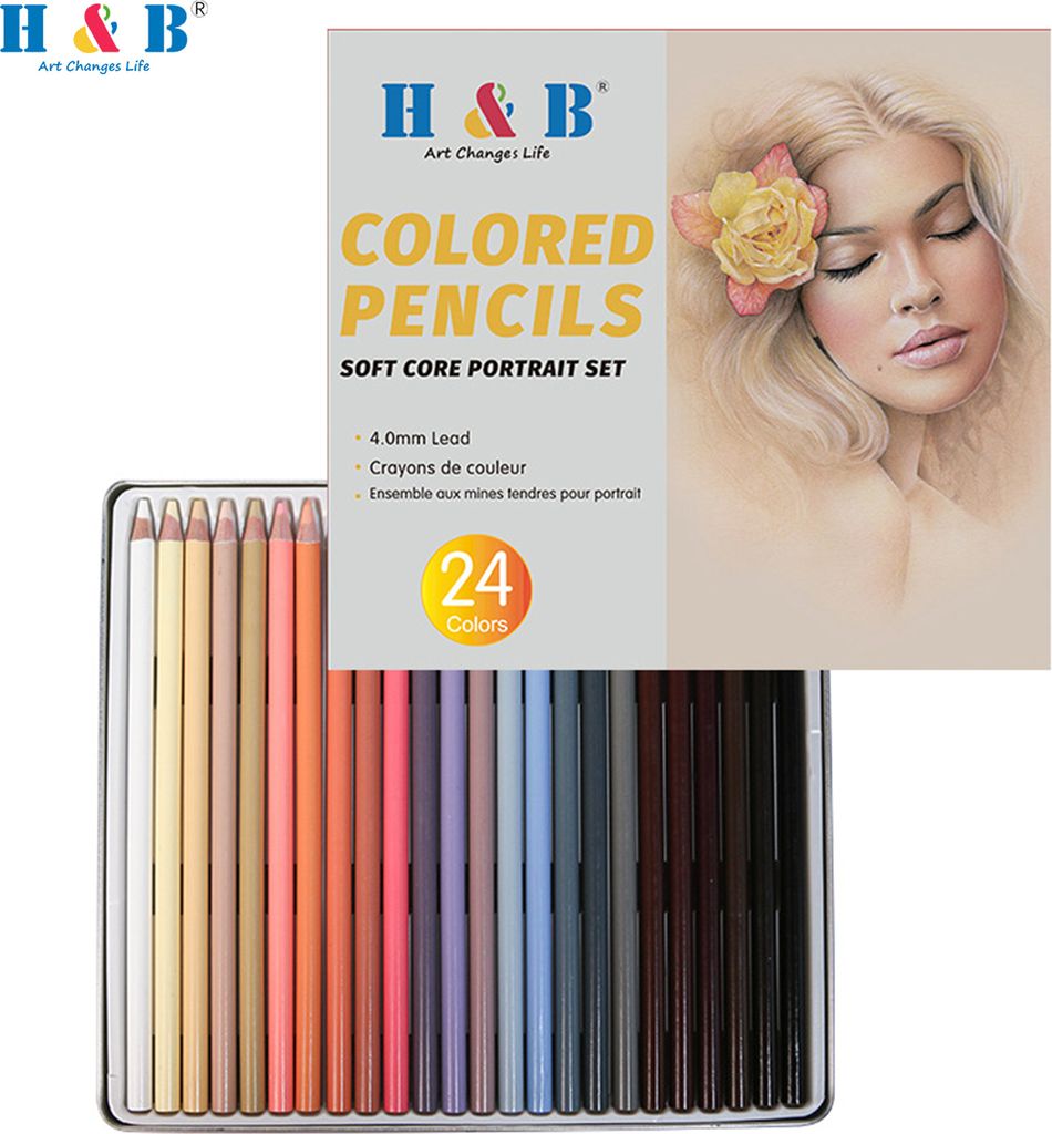 H&B 24 Farben Bleistifte Set Kuenstlerbedarf Charakter Hautton oeliger Buntstift Portrait Zeichenwerkzeug Tolles Geschenk fuer Erwachsene Studenten...