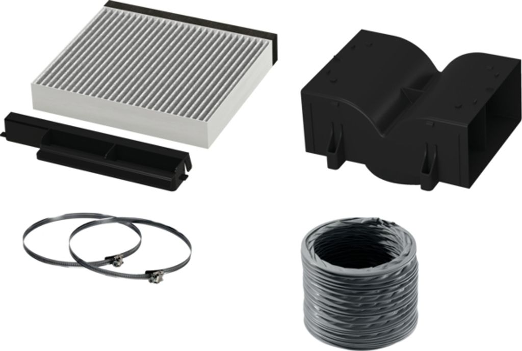 A collection of air filter components and accessories arranged on a white background.
