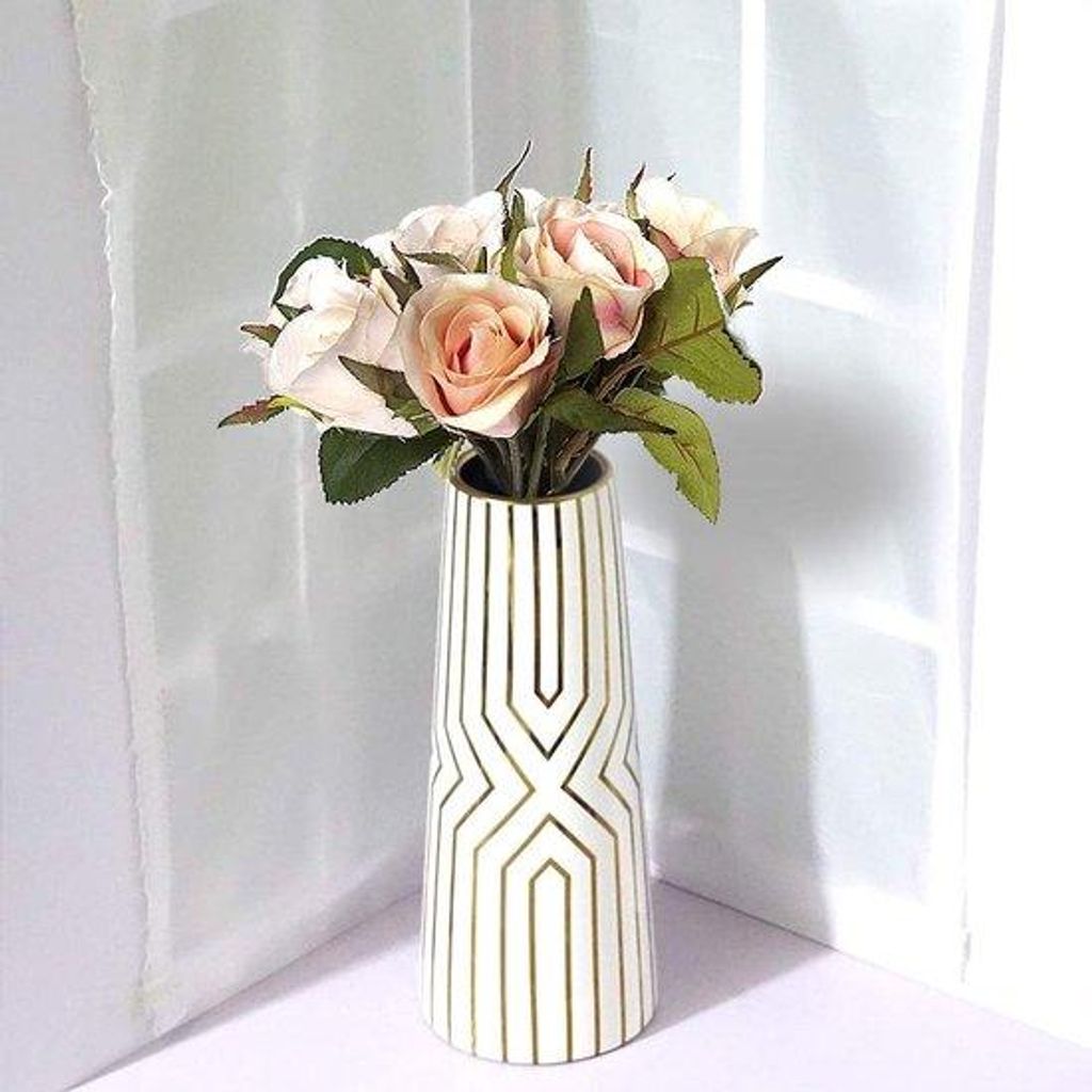 30 cm weiße goldgestreifte Keramikvase Blumenvasen Dekoration