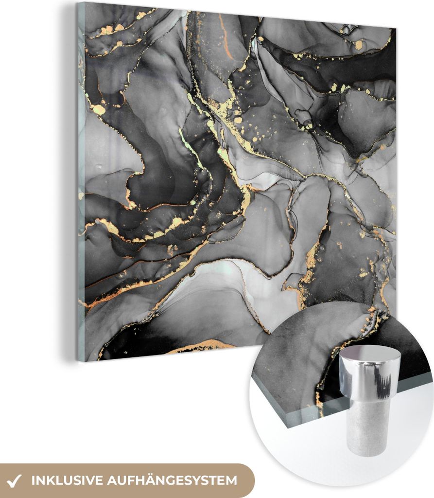 MuchoWow Glasbilder - Bilder auf Wandbild - Foto auf Glas Marmor - Schwarz - Gold - Grau 90x90 cm Wanddekoration aus Glas - Acrylglasbild - Acrylbi...