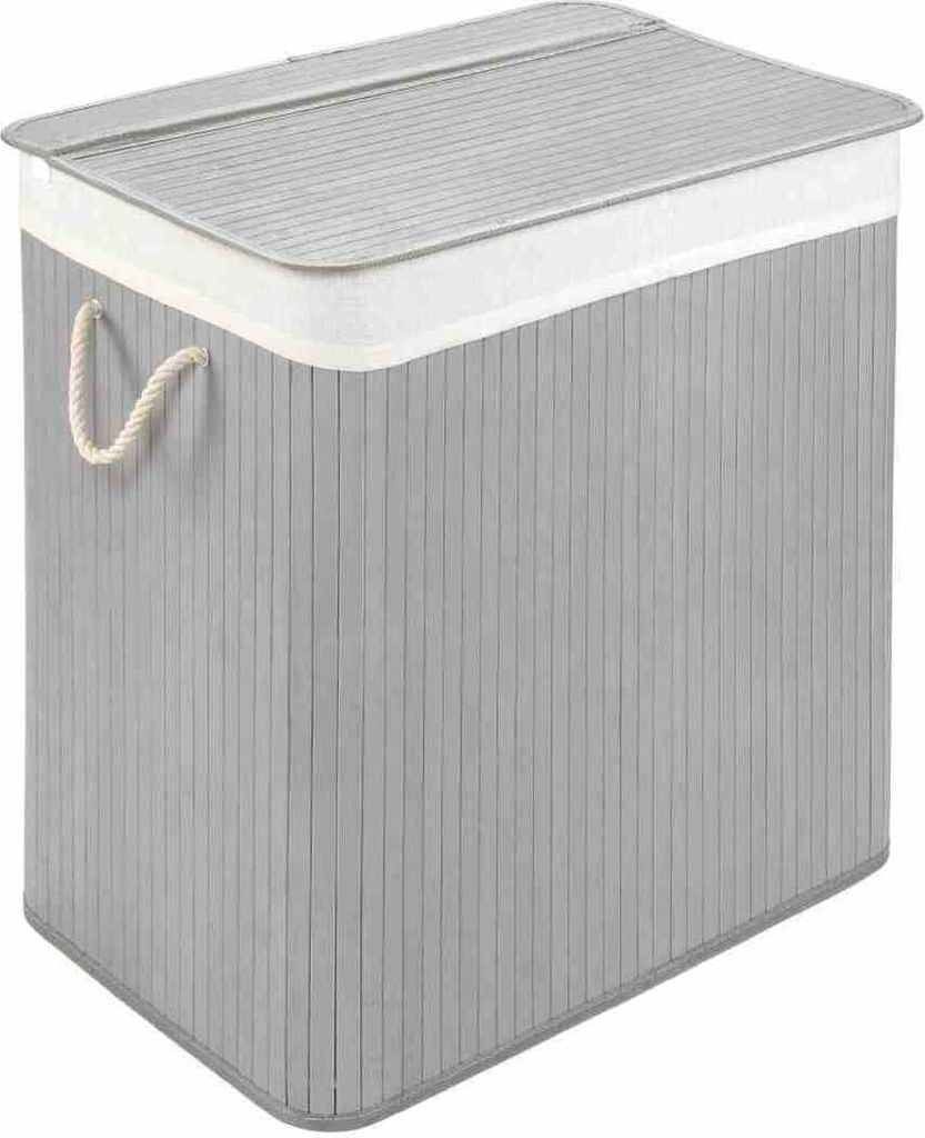 WohnDirect Wäschekorb mit Deckel BAMBOO Hellgrau 104 L B-54cm x H-61cm x T-34cm