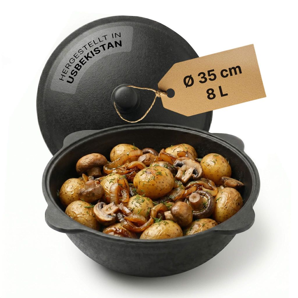 Kazan Gusseisen 8L mit Deckel – Original Uzbekischer Kazan Namangan Dutch Oven Feuertopf für Camping Grill Outdoor Schwenktopf für Plov Wok Ein...